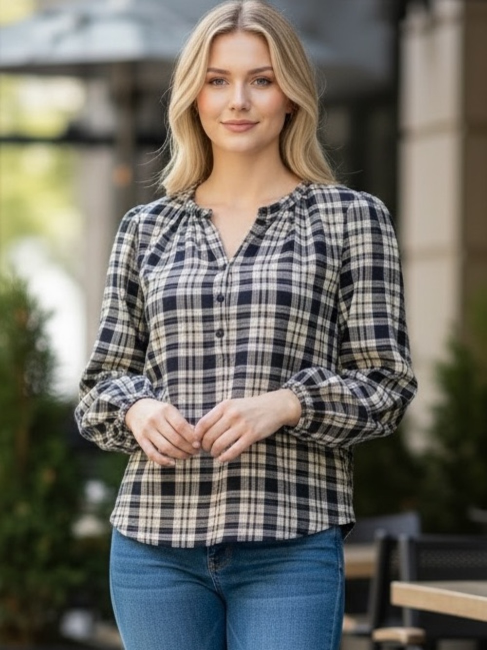 Reformation Autumn Top in Evening Plaid Long-Sleeve Button Front Size Small